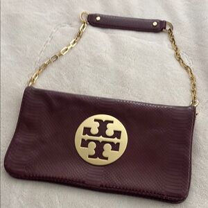 Tory Burch Maroon Clutch with Gold Chain